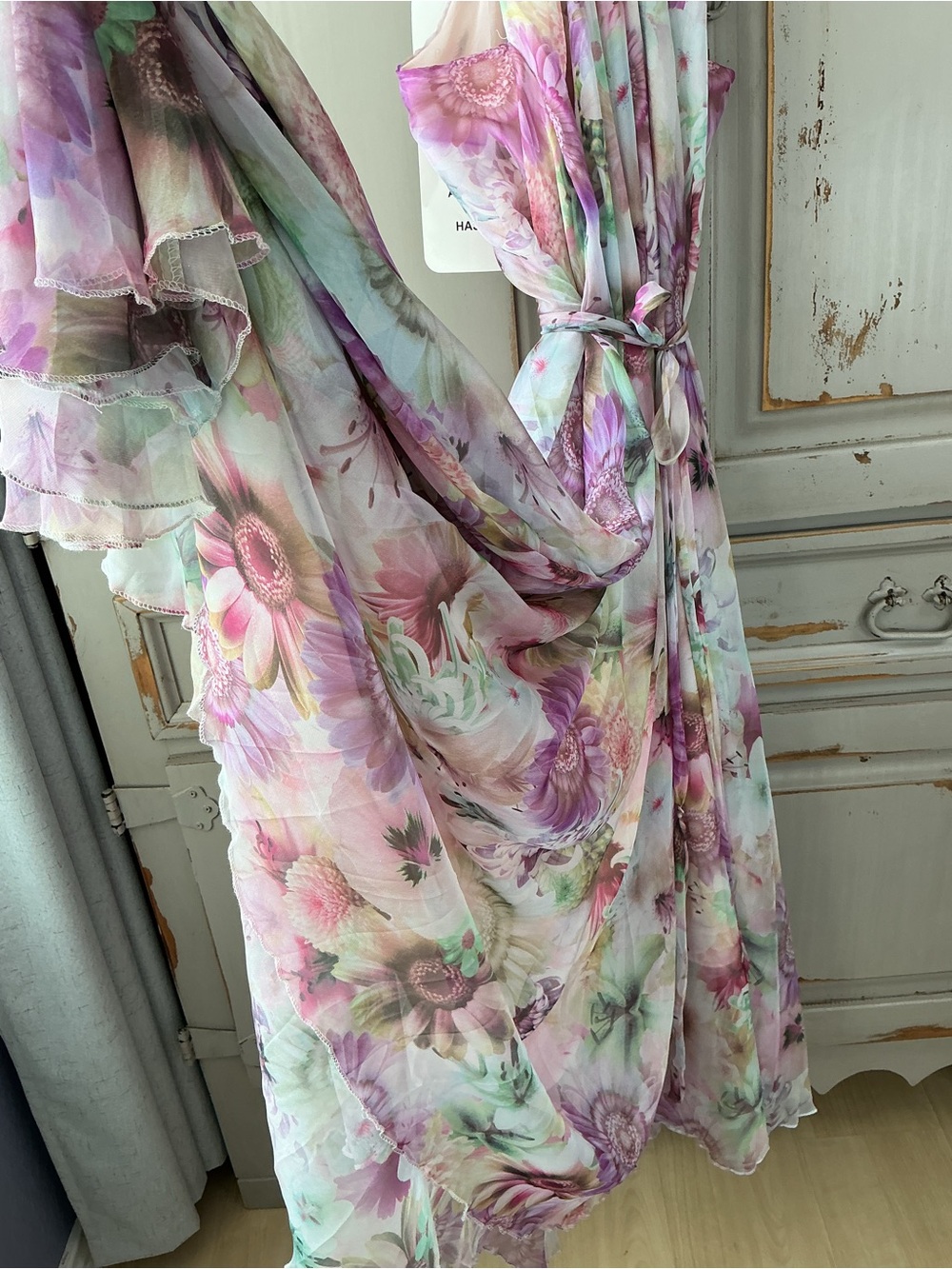 Chicwish | Sunflower Blossom Watercolor Chiffon Maxi Slip Dress Size Large - Picture 5 of 8